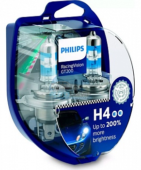 Автолампа PHILIPS H4 12V 60/55W +200% Racing Vision GT200 (12342RGT), EUROBOX-2шт