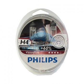 Автолампа PHILIPS H4 12V 60/55W P43t +60% Vision Plus (12342VP), EUROBOX-2шт