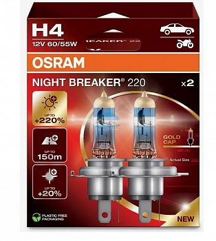 Автолампа OSRAM H4 12V 60/55W P43t +220% Night Breaker (64193NB220-HCB)