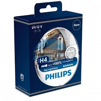 Автолампа PHILIPS H4 12V 60/55W +150% Racing Vision (12342RVS2), EUROBOX-2шт