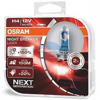 Автолампа OSRAM H4 12V 60/55W P43t +150% Night Breaker Laser (64193NL), EUROBOX-2шт